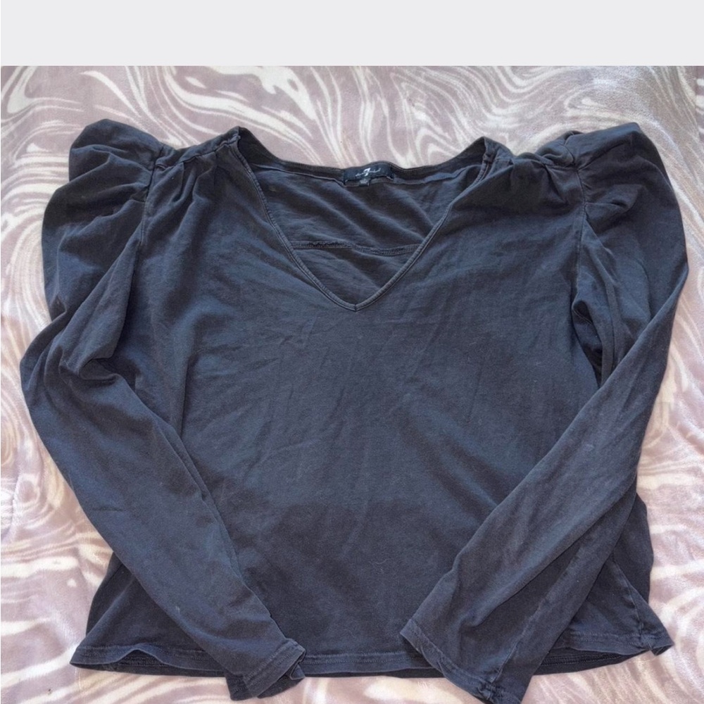 7 For All Mankind Black Puff Sleeve V-Neck Blouse